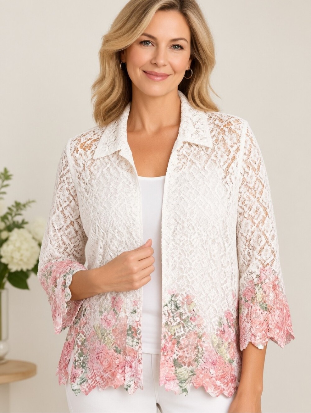 Alfred Dunner White Lace Button-Down Shirt with Pink Floral Hem
